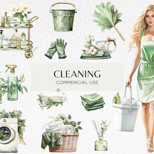 Lindo clipart de limpieza, Sage Green Spring Clean, 20 PNG transparente 300 dpi, Limpiador, Lavandería, Limpieza, Descarga digital, Uso comercial