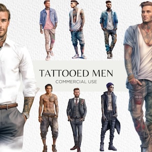 Tätowierte Männer Aquarell Clipart Bundle, 16 transparente PNG 300 dpi, Mann mit Tattoos, Body Art Mode Männer, digitaler Download kommerzielle Nutzung