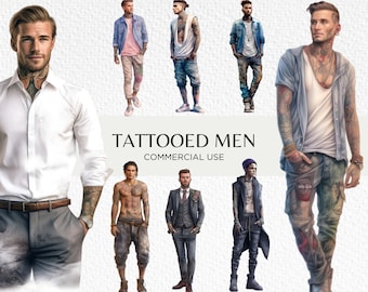 Tattooed Men Watercolour Clipart Bundle, 16 Transparent PNG 300 dpi, Man With Tattoos, Body Art Fashion Men, Digital Download Commercial Use