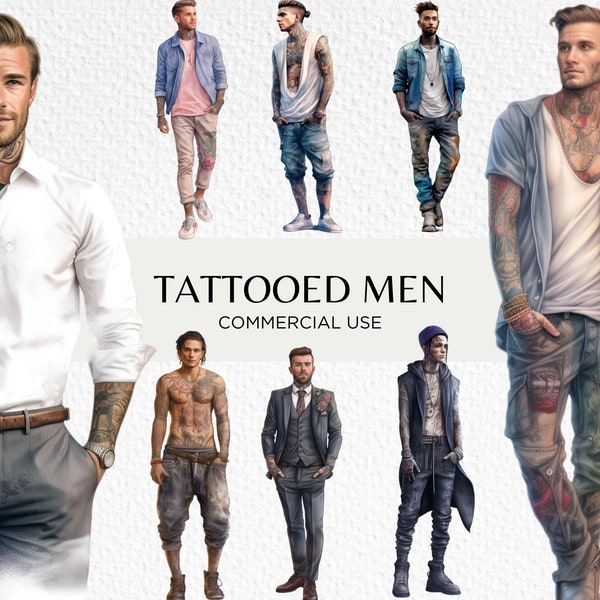 Bundle de cliparts aquarelle hommes tatoués, 16 PNG Transparents 300 dpi, homme avec des tatouages, art corporel mode hommes, téléchargement numérique à usage Commercial