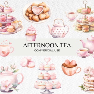 Clipart aquarela de chá da tarde, 20 PNG transparentes 300 dpi, festa de chá rosa, bule de chá fofo, suportes para bolo, download digital, uso comercial