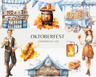 Oktoberfest Watercolour Clipart Bundle, 20 Transparent PNG 300 dpi, German Market, Munich Beer Festival, Digital Download, Commercial Use