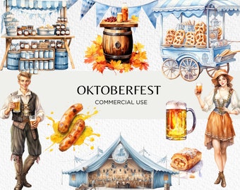 Oktoberfest Watercolour Clipart Bundle, 20 Transparent PNG 300 dpi, German Market, Munich Beer Festival, Digital Download, Commercial Use