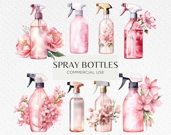 May include: Set of eight watercolor illustrations of pink spray bottles with floral accents. The bottles are various shapes and sizes, with some featuring gold accents. The text "SPRAY BOTTLES COMMERCIAL USE" is printed below the bottles.