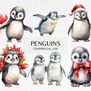 Clipart de acuarela de pingüinos, 20 PNG transparentes de 300 ppp, adorables pingüinos bebés, pingüinos navideños esponjosos, descarga digital, uso comercial