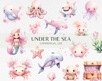 Pink Under The Sea Acquerello Clipart, 20 PNG trasparenti 300 dpi, Simpatici animali marini, Sirena femminile, Pesce, Download digitale, Uso commerciale