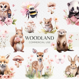 Clipart aquarelle animaux de la forêt rose, 20 PNG Transparents 300 dpi, bébés mignons de la forêt, champignons roses, téléchargement numérique, usage Commercial