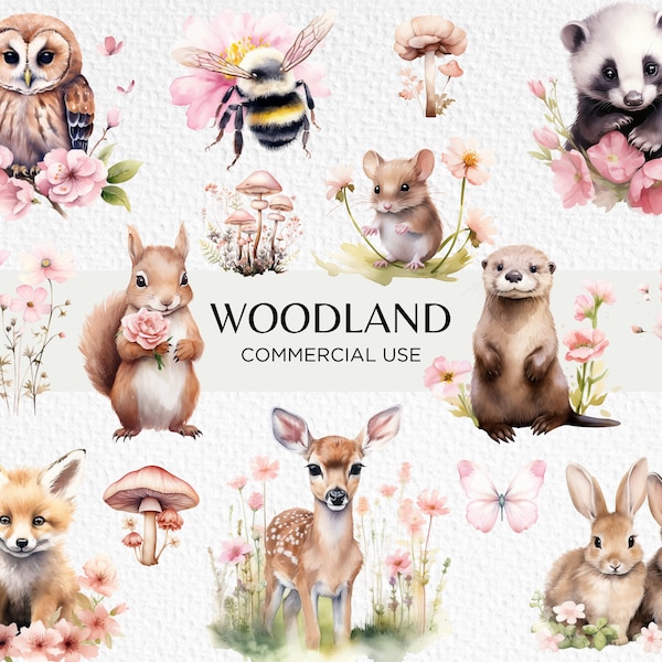 Pink Woodland Animals Watercolour Clipart, 20 Transparent PNG 300 dpi, Cute Forest Babies, Pink Mushrooms, Digital Download, Commercial Use