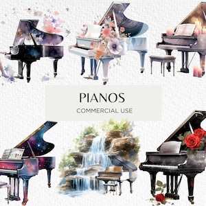 Watercolour Grand Piano Clipart, 15 Transparent Isolated PNG 300 dpi, Floral Pianos, Musical Instruments, Digital Download, Commercial Use
