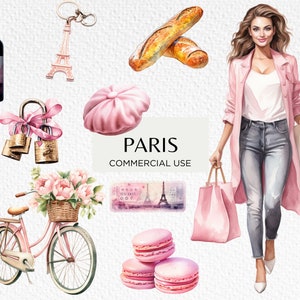 Rosa Paris Aquarell Clipart, 22 transparente PNG 300 dpi, romantische Paris Reise Grafiken, Städtereise, digitaler Download, kommerzielle Nutzung