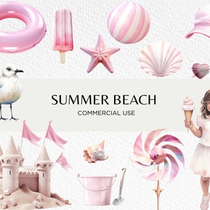 Girly Summer Beach Watercolour Clipart Bundle, 24 Transparent PNG 300 dpi Cute Pastel Pink Summer Beaches, Digital Download, Commercial Use