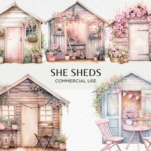 She Shed Akwarela Clipart, 20 Przezroczysty PNG 300 dpi, Słodkie Różowe Szopa Ogrodowa, Pastelowy Ogród Kwiatowy, Pobieranie Cyfrowe, Użytek Komercyjny