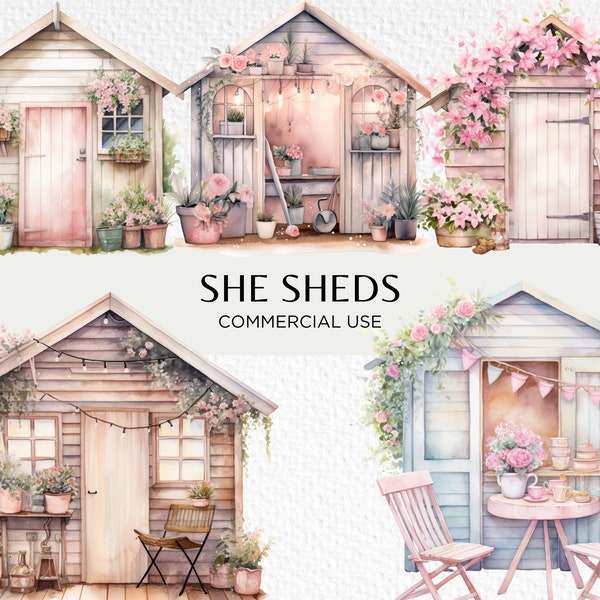 She Shed Watercolour Clipart, 20 Transparent PNG 300 dpi, Cute Pink Garden Sheds, Pastel Flower Garden, Digital Download, Commercial Use