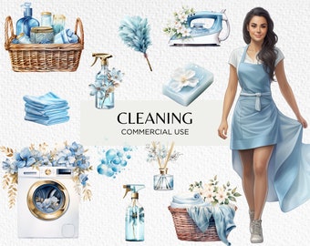 Cute Cleaning Clipart, Blue Spring Clean, 20 Transparent PNG 300 dpi, Cleaner, Laundry, Housekeeping, Digital Download, Commercial Use