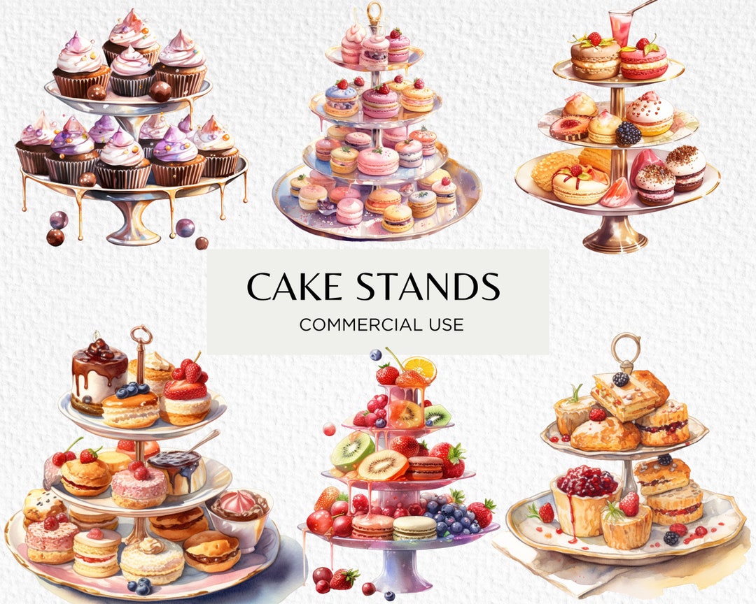 Watercolour Cute Cake Stands Clipart Bundle, 18 Transparent Isolated