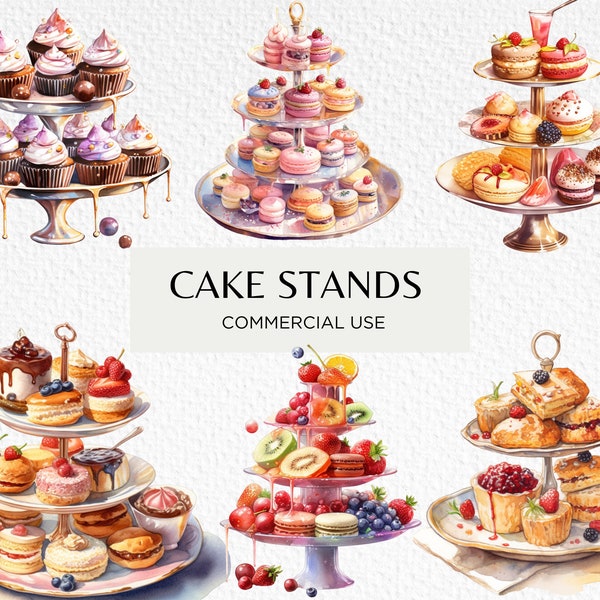 Watercolour Cute Cake Stands Clipart Bundle, 18 Transparent Isolated PNG 300 dpi, English Afternoon Tea Cake Digital Download Commercial Use