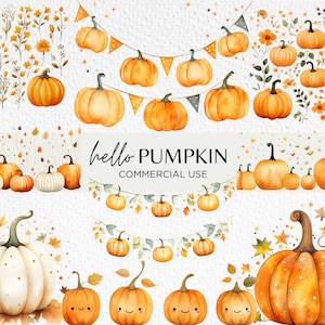 May include: A digital illustration set featuring watercolour pumpkins in various sizes, colours, and styles. The set includes pumpkins with smiling faces, pumpkins with leaves, and pumpkins with vines. The text "hello PUMPKIN COMMERCIAL USE" is included in the image.