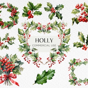 Clipart aquarelle houx, 10 PNG transparents 300 dpi, plantes de Noël, feuillage festif, couronne de houx, téléchargement numérique, usage Commercial