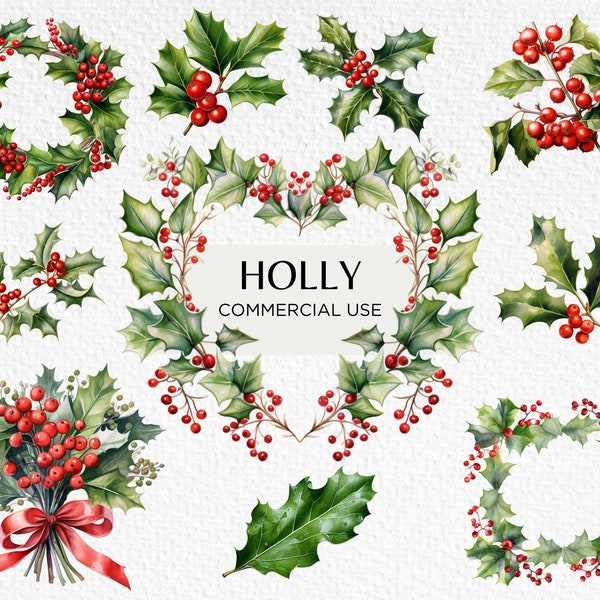 Holly Aquarelle Clipart, 10 PNG transparent 300 dpi, Botaniques de Noël, Feuillage festif, Couronne de houx, Téléchargement numérique, Utilisation commerciale