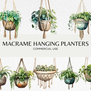 Macrame hangende planten aquarel clipart bundel, 16 transparante PNG 300 dpi, Boho House Plant Display, digitale download, commercieel gebruik