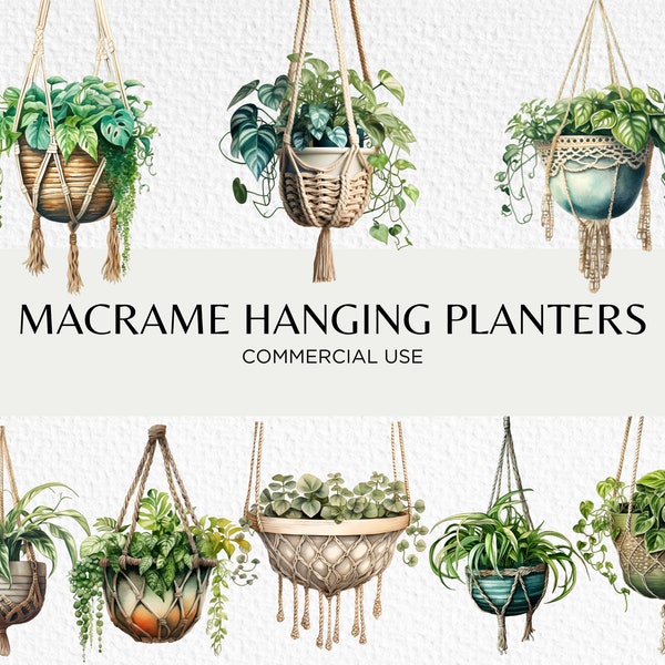 Macrame Hanging Plants Watercolour Clipart Bundle, 16 Transparent PNG 300 dpi, Boho House Plant Display, Digital Download, Commercial Use