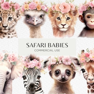 Baby Safari Animals Clipart, 20 PNG trasparenti 300 dpi, Simpatico animale africano, Neonati con corona di fiori rosa, Download digitale, Uso commerciale
