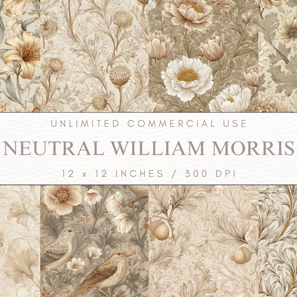 Neutral William Morris Inspired Seamless Patterns, Beige Floral Patterns, Artist Digital Paper, Vintage Artwork, Greige Backgrounds 10 JPG