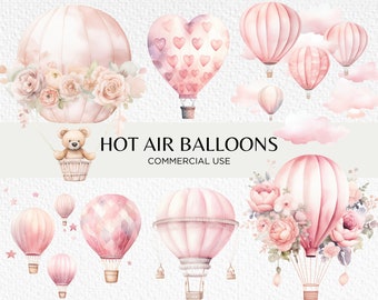 Cute Pink Hot Air Balloons Watercolour Clipart, 20 Transparent PNG 300 dpi, Teddy Bear In Hot Air Balloon, Digital Download, Commercial Use