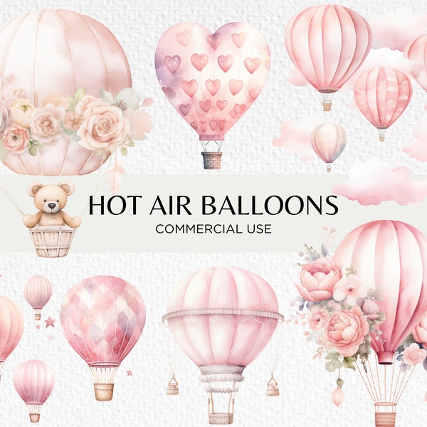 Lindos globos aerostáticos rosas acuarela clipart, 20 PNG transparente 300 dpi, oso de peluche en globo aerostático, descarga digital, uso comercial