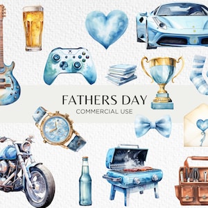 Vaderdag blauwe aquarel clipart bundel, 20 transparante PNG 300 dpi, sportwagen, BBQ, grootste vader, digitale download, commercieel gebruik