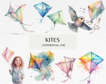Watercolour Kites Clipart Bundle, 18 Transparent PNG 300 dpi, Colourful Flying Rainbow Kite, Pastel Summer, Digital Download, Commercial Use