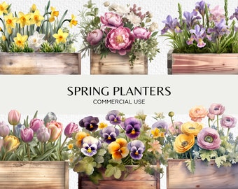 Watercolour Spring Planters Clipart Bundle, 18 Transparent PNG Images 300 dpi, Flowers Wooden Planter Box, Digital Download, Commercial Use