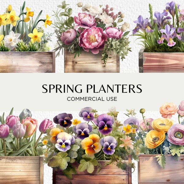 Watercolour Spring Planters Clipart Bundle, 18 Transparent PNG Images 300 dpi, Flowers Wooden Planter Box, Digital Download, Commercial Use