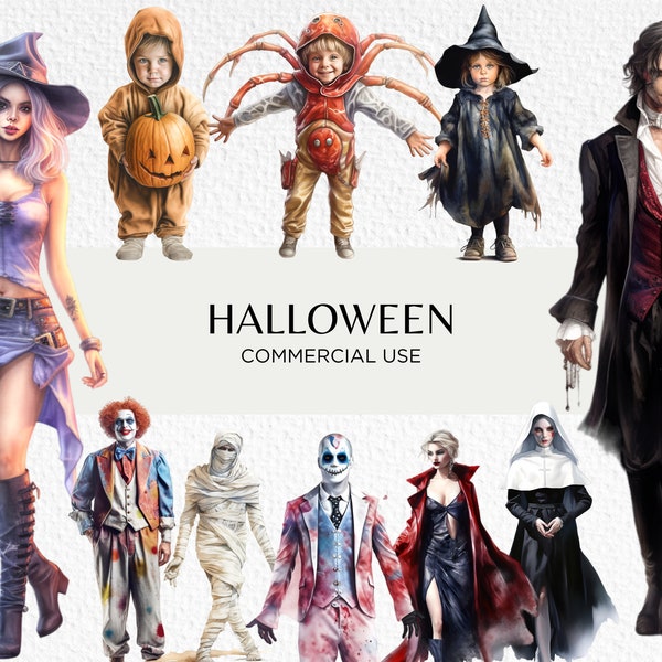 Bundle de cliparts aquarelle Costumes d'Halloween, 20 PNG isolés transparents 300 dpi, costume mignon et effrayant, téléchargement numérique, usage Commercial