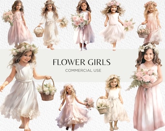 Flower Girls Watercolour Clipart Bundle, 16 Transparent PNG 300 dpi, Cute Flower Girl, Wedding Clip Art, Digital Download, Commercial Use