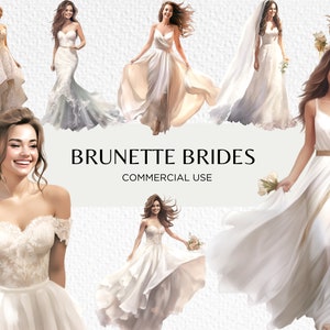 Bruna spose acquerello Clipart Bundle, 18 PNG trasparente 300 dpi, sposa con capelli castani, matrimonio arte, download digitale, uso commerciale