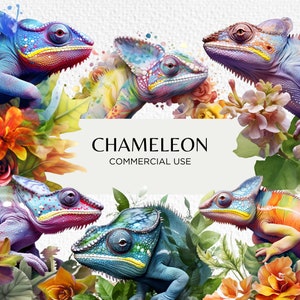 Colourful Chameleons Watercolour Clipart Bundle, 18 Transparent PNG Images 300 dpi, Cute Floral Chameleon, Digital Download, Commercial Use