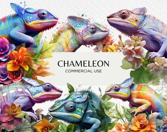 Bunte Chamäleons Aquarell Clipart Bundle, 18 transparente PNG Bilder 300 dpi, süße Blumen Chamäleon, digitaler Download, kommerzielle Nutzung