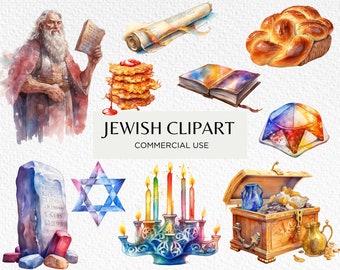 Watercolour Jewish Themed Clipart, 20 Transparent Isolated PNG 300 dpi, Ten Commandments, Star Of David, Digital Download, Commercial Use