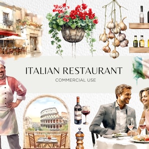 Italiaans restaurant aquarel clipart bundel, 22 transparante PNG 300 dpi, pizzeria, Italië reizen, dineren, digitale download, commercieel gebruik