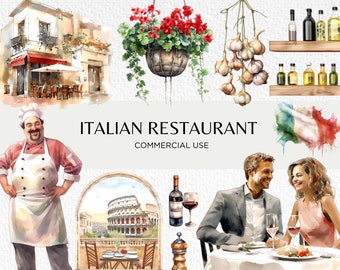 Italian Restaurant Watercolour Clipart Bundle, 22 Transparent PNG 300 dpi, Pizzeria, Italy Travel, Dining, Digital Download, Commercial Use