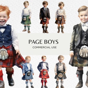 Paquete de imágenes prediseñadas de acuarela de niños de página escocesa, 16 PNG transparente 300 dpi, niño lindo con falda escocesa, descarga digital, uso comercial