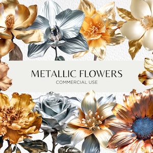 Aquarel metallic bloemen clipart bundel, 20 transparante PNG-afbeeldingen 300 dpi, metallics, gouden bloem, digitale download. Commercieel gebruik
