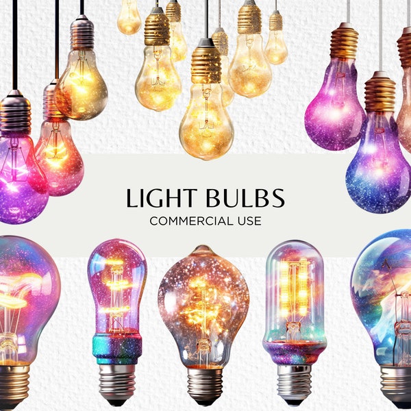 Light Bulbs Watercolour Clipart Bundle, 20 Transparent Isolated PNG 300 dpi, Colourful String Lights, Digital Download, Commercial Use