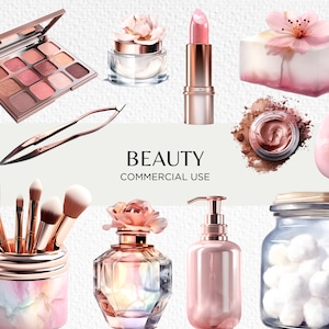 Beauté aquarelle Clipart Bundle, 20 Transparent PNG 300dpi, maquilleuse, mignon Girly Pastel rose maquillage, téléchargement numérique utilisation commerciale