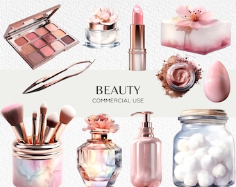 May include: A collection of beauty products including makeup brushes, a makeup palette, a jar of face cream, a bottle of perfume, a bottle of hand soap, a jar of cotton balls, a lipstick, a makeup sponge, and a pair of tweezers. The products are arranged on a white background with the text "BEAUTY COMMERCIAL USE".