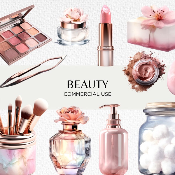 Beauty Watercolour Clipart Bundle, 20 Transparent PNG 300dpi, Makeup Artist, Cute Girly Pastel Pink Make Up, Digital Download Commercial Use