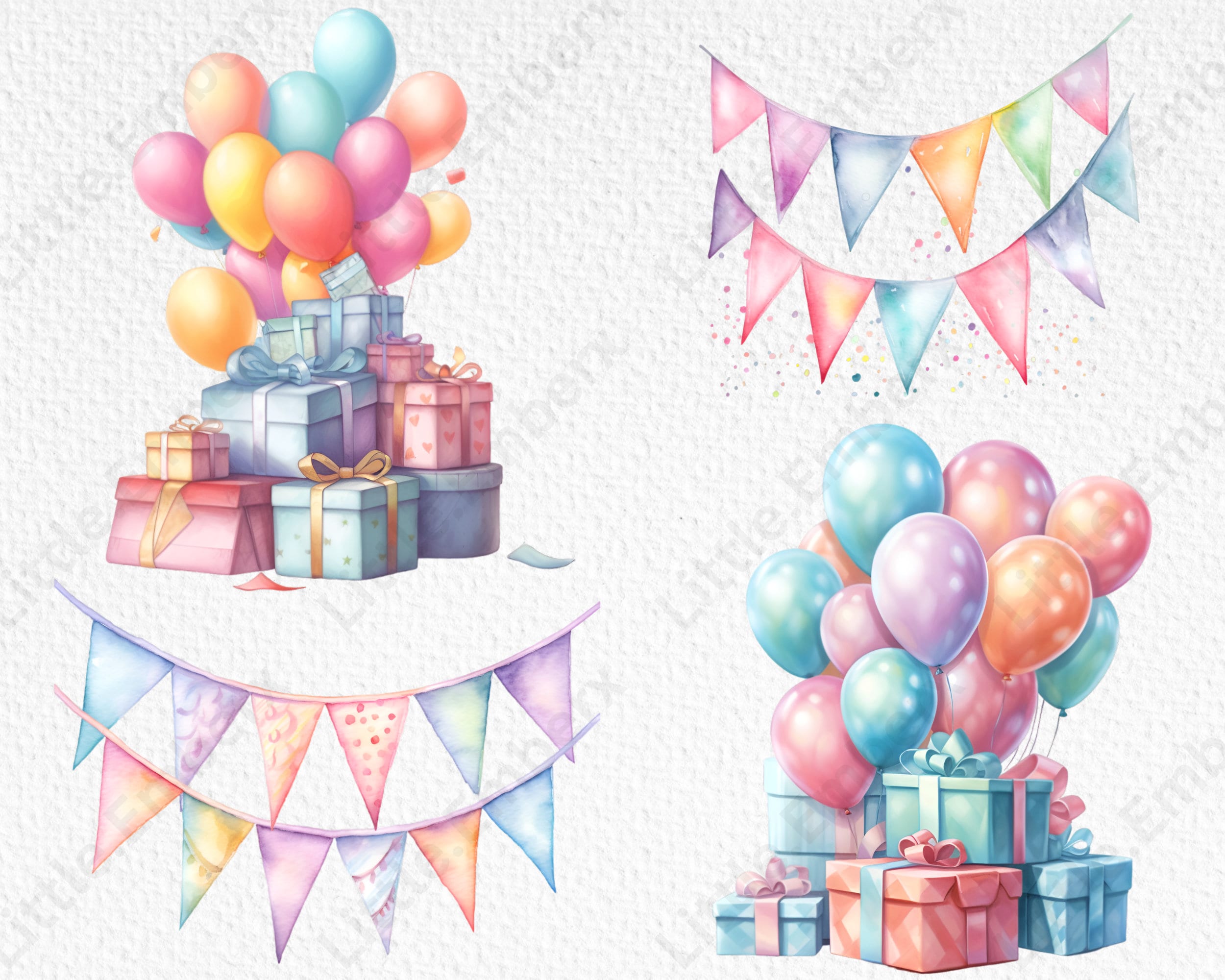Pastel Birthday Party Watercolour Clipart Bundle, 20 Transparent PNG ...