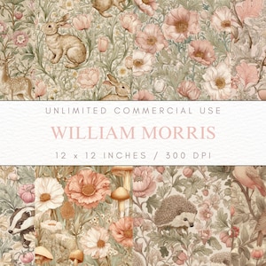 Puede incluir: Un diseño floral detallado con conejos, ciervos, ardillas y pájaros entre flores y follaje. El diseño incluye el texto "WILLIAM MORRIS" y dimensiones de 30,48 x 30,48 cm.