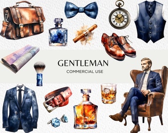 Gentleman Watercolour Clipart Bundle, 22 Transparent PNG 300 dpi, Bachelor Items, Suit & Tie, Whisky, Cigar, Digital Download Commercial Use